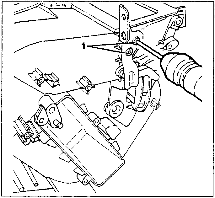 Diagram showing a drill removing a rivet from a metal bracket attached to an engine component, with part 1 indicating the rivet being removed.