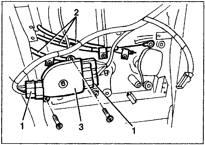 Diagram showing climate control unit with three bowden cables labeled 1, 2, 3 and electrical connections.