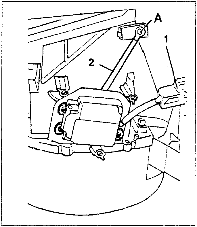 Diagram showing a motor unit with parts labeled A, 1, and 2, including a rod connected to catch A.