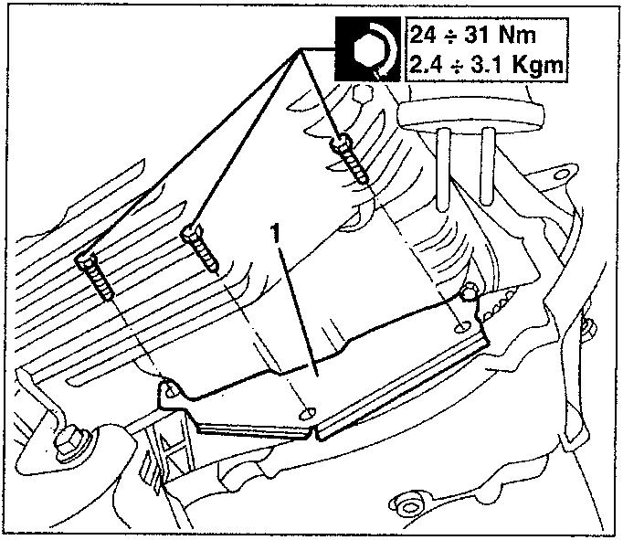 Diagram showing screws on lower flywheel cover with torque value 24 ÷ 31 Nm