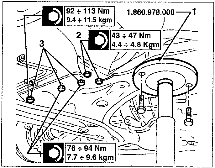 Diagram showing torque values for bolts on crossmember and tool 1.860.978.000