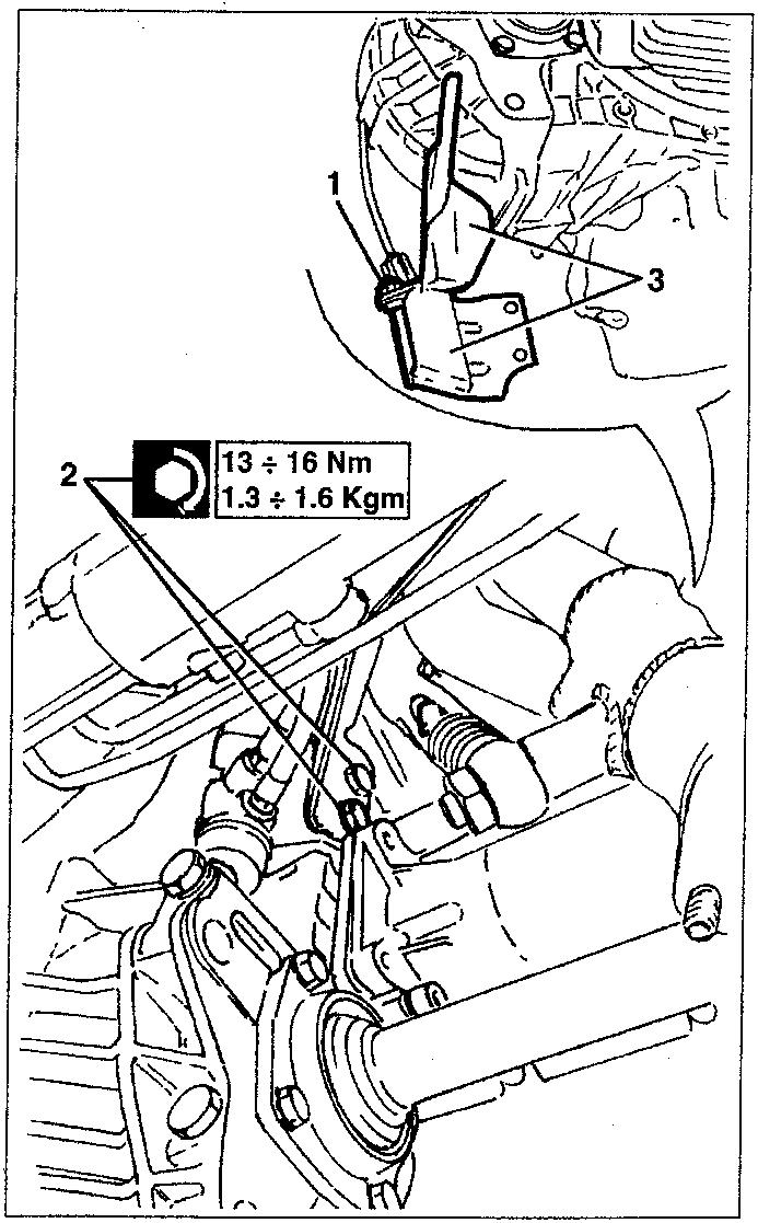 Diagram showing nuts and screws on gearbox control cables with torque value 13 ÷ 16 Nm