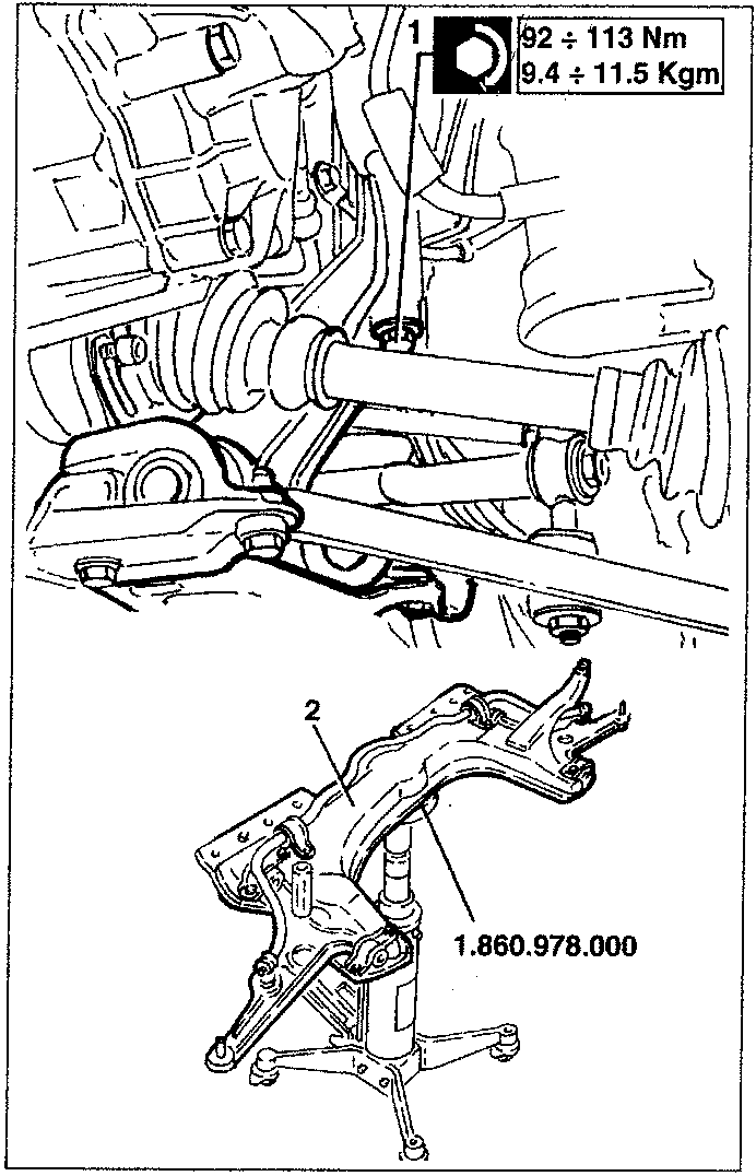 Diagram showing tool 1.860.978.000 attached to crossmember