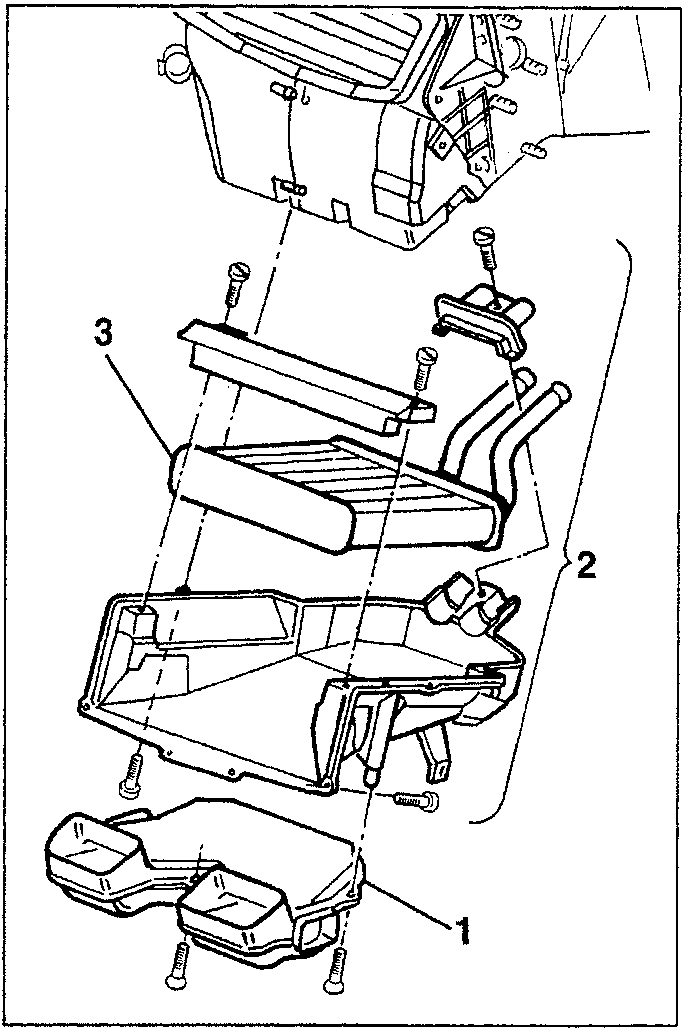 Diagram showing disassembly steps for heater radiator and bracket assembly.