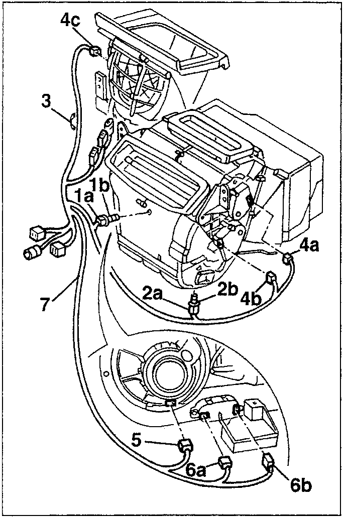 Diagram showing components of ducting/distributor unit with labeled parts including sensors, motors, and wiring connections.