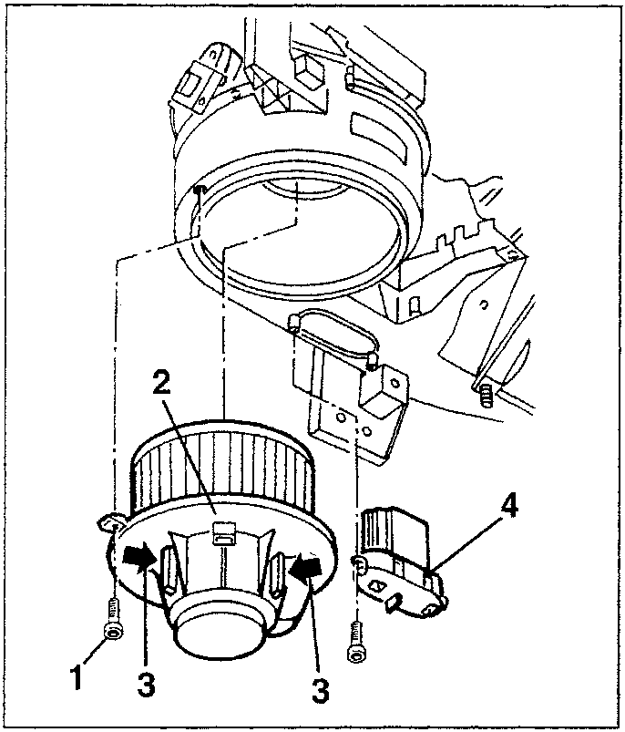 Diagram showing components of air mixing motor and distribution motor with numbered parts 1, 2, 3, 4