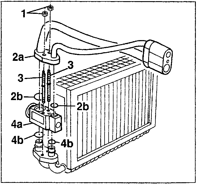 Diagram showing expansion valve and refrigerant lines with numbered parts 1, 2a, 2b, 3, 4a, 4b