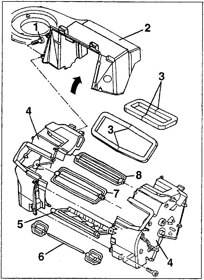 Disassembly diagram showing components 1 to 8 with labels indicating their positions and connections within the unit.