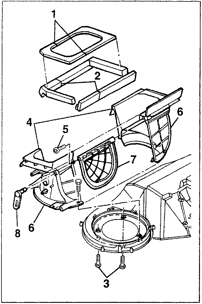 Disassembly diagram showing components 1 to 8 with labels indicating their positions and connections within the unit.
