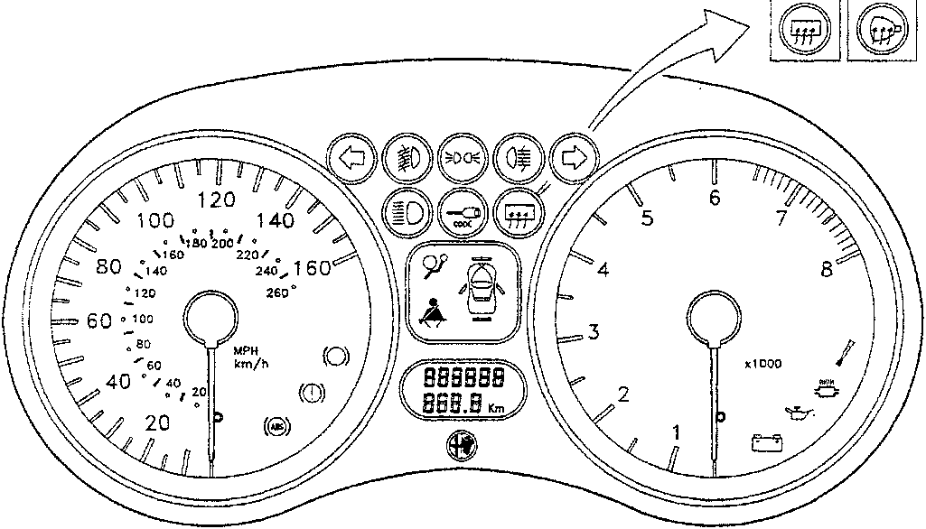 Instrument cluster diagram showing speedometer, rev counter, and warning lights