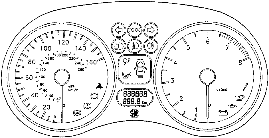 Instrument cluster diagram showing speedometer, rev counter, and warning lights