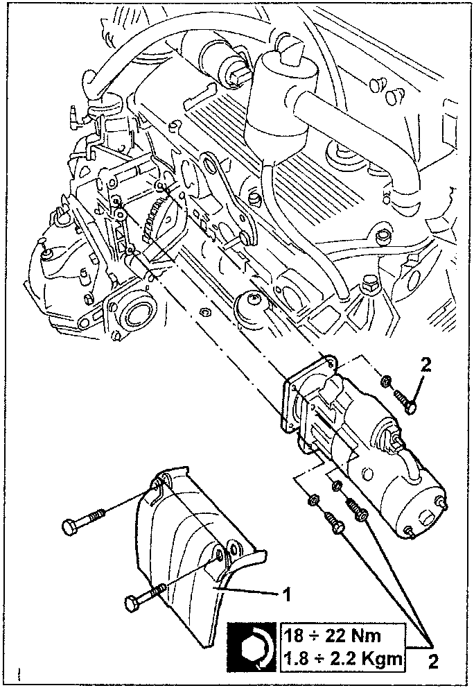 Diagram showing starter motor and heat shield with torque specifications 18 ÷ 22 Nm (1.8 ÷ 2.2 Kgm)