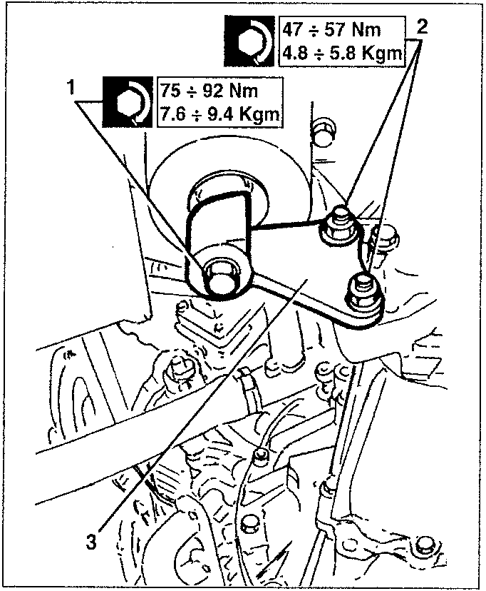 Diagram showing rear gearbox support with torque specifications 75 ÷ 92 Nm (7.6 ÷ 9.4 Kgm) and 47 ÷ 57 Nm (4.8 ÷ 5.8 Kgm)