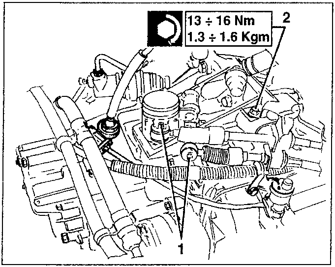 Diagram showing gearbox control cables with torque specifications 13 ÷ 16 Nm (1.3 ÷ 1.6 Kgm)