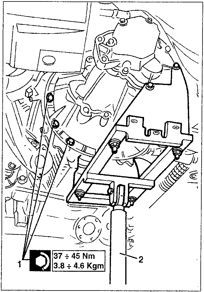 Diagram showing gearbox, engine, and torque specifications 37 ÷ 45 Nm and 3.8 ÷ 4.6 Kgm