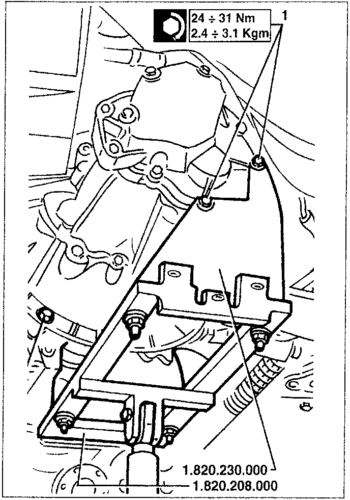 Diagram showing gearbox cover, bracket 1.820.230.000, and support 1.820.208.000 with torque specifications 24 ÷ 31 Nm and 2.4 ÷ 3.1 Kgm