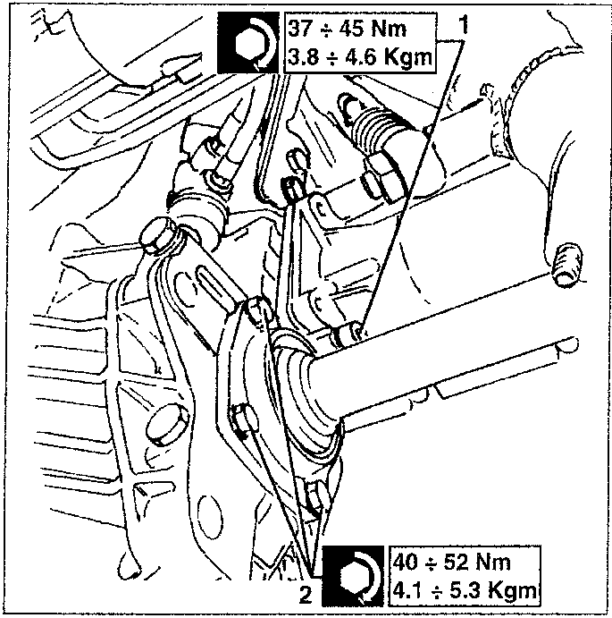 Diagram showing engine, intermediate shaft support, and torque specifications 37 ÷ 45 Nm and 3.8 ÷ 4.6 Kgm, and 40 ÷ 52 Nm and 4.1 ÷ 5.3 Kgm