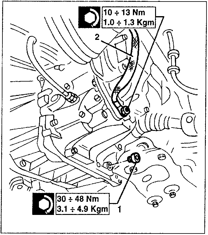 Illustration showing engine components with torque specifications: 10 ÷ 13 Nm (1.0 ÷ 1.3 Kgm) and 30 ÷ 48 Nm (3.1 ÷ 4.9 Kgm).
