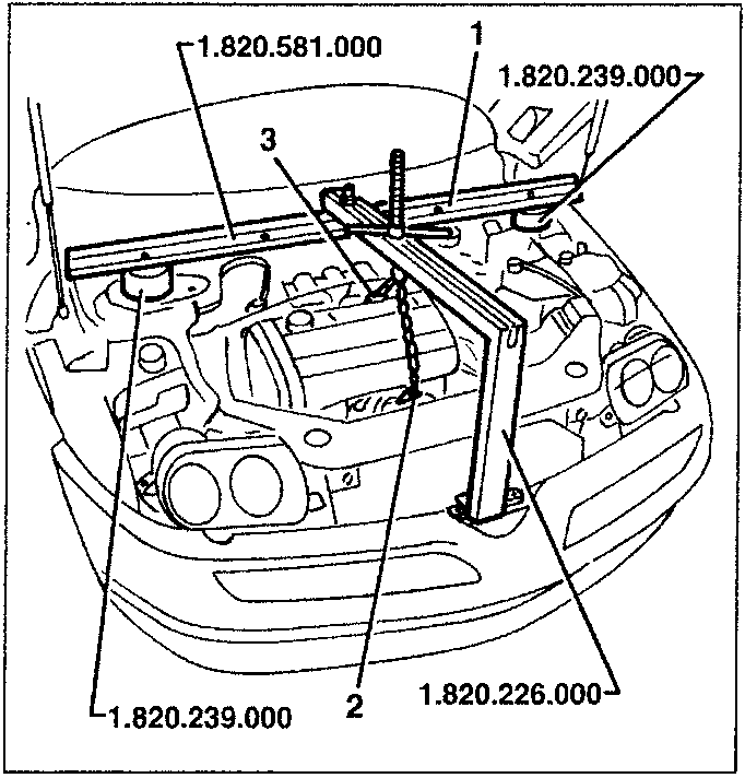 Illustration showing an engine bay with labeled parts: 1.820.581.000 (cross rail), 1.820.239.000 (support), 1.820.226.000 (engine support), and 2 and 3 indicating chain attachment points.