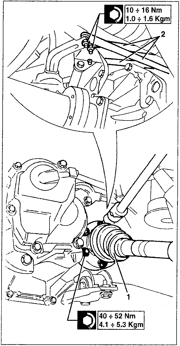 Diagram showing torque specifications for bolts on gearbox control rods and differential side axle shaft.