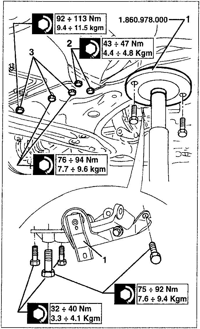 Diagram showing torque specifications for bolts on rear engine support and crossmember.