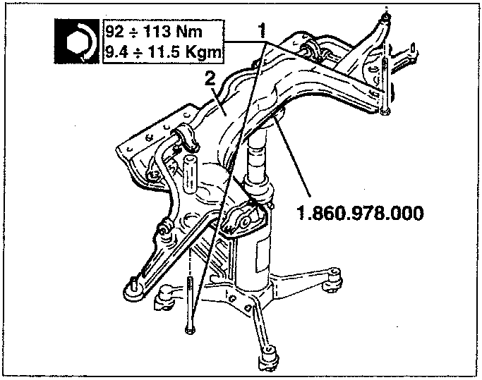 Diagram showing torque specification for bolts on front crossmember.
