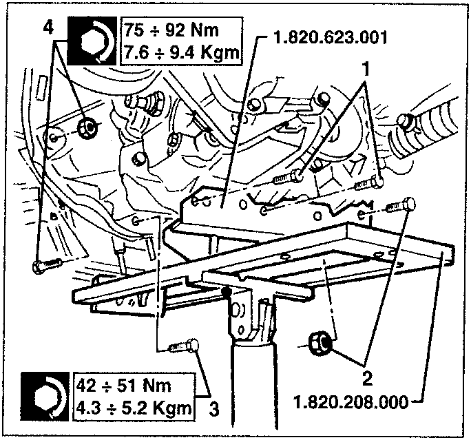 Diagram showing gearbox with torque specifications 75 ÷ 92 Nm (7.6 ÷ 9.4 Kgm) and parts labeled 1, 2, 3, 4 with part numbers 1.820.623.001 and 1.820.208.000