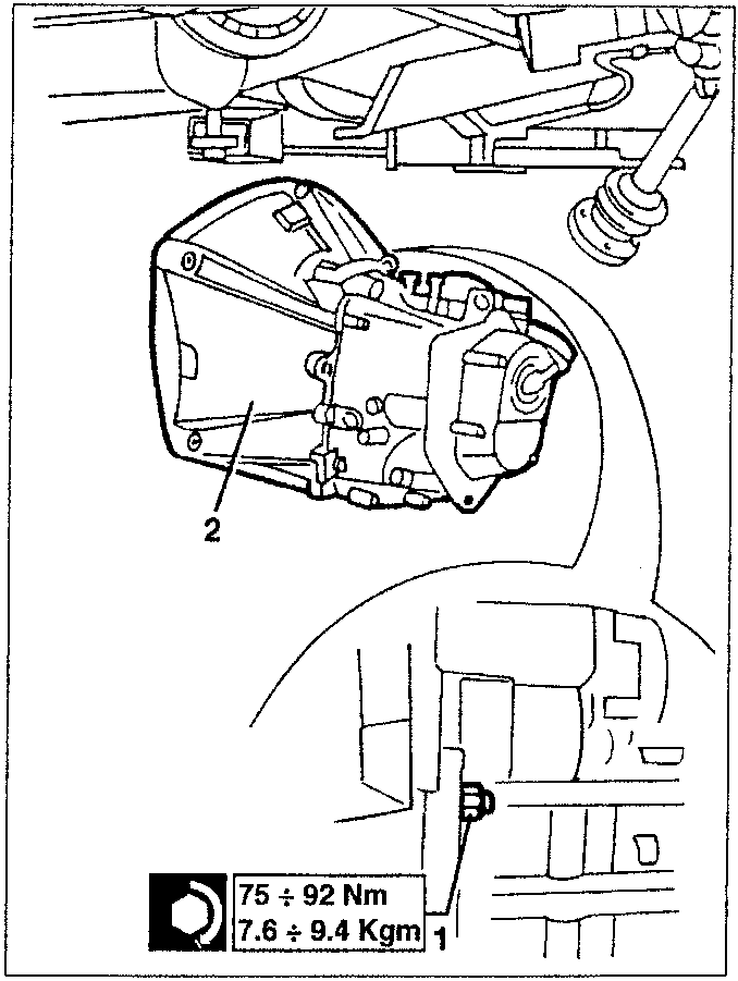 Diagram showing gearbox with torque specification 75 ÷ 92 Nm (7.6 ÷ 9.4 Kgm)