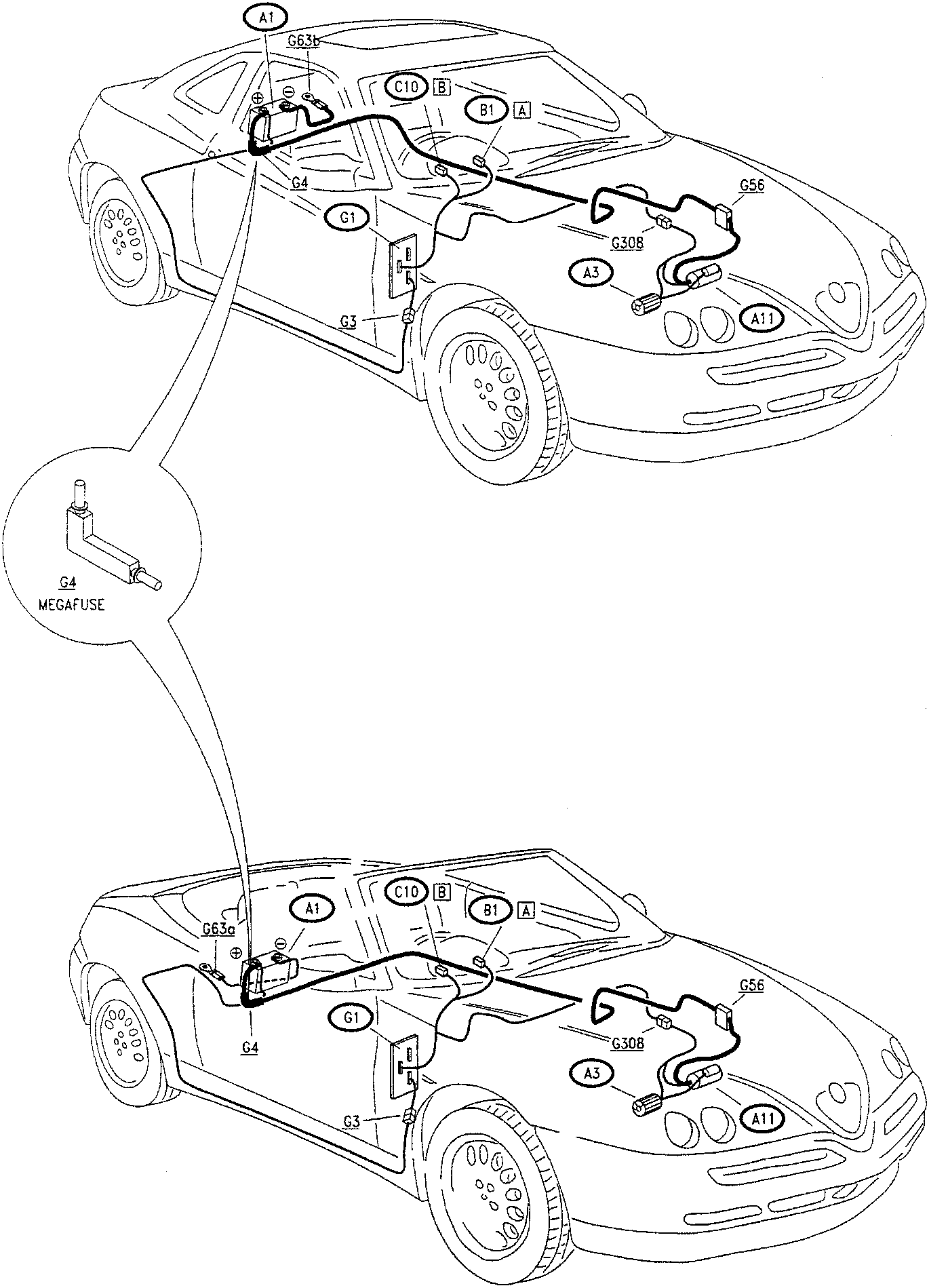 Diagram showing the location of components for starting and charging system on a car, with labels such as A1, G4, G308, A3, G56, C10, B1, A, B, G63b, G63a, G1, G3, A11. The diagram includes two views of the car: one from the side and one from the front. A close-up inset shows a megafuse labeled G4.
