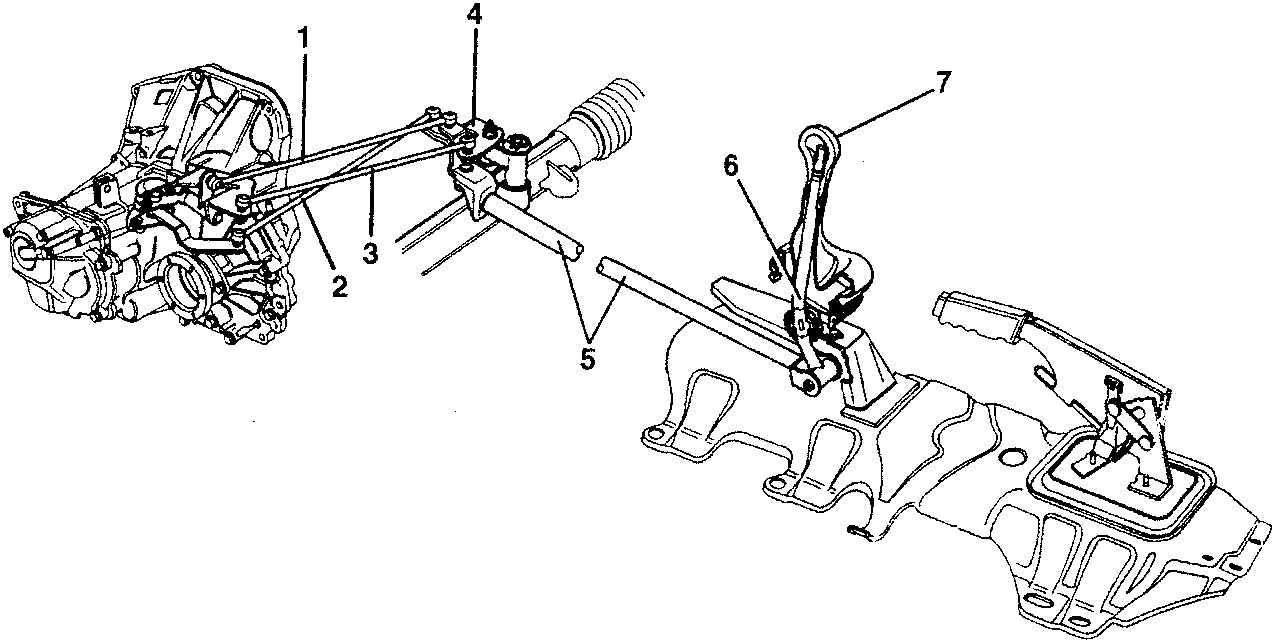 Diagram showing gearbox controls with rods and tie-rods.