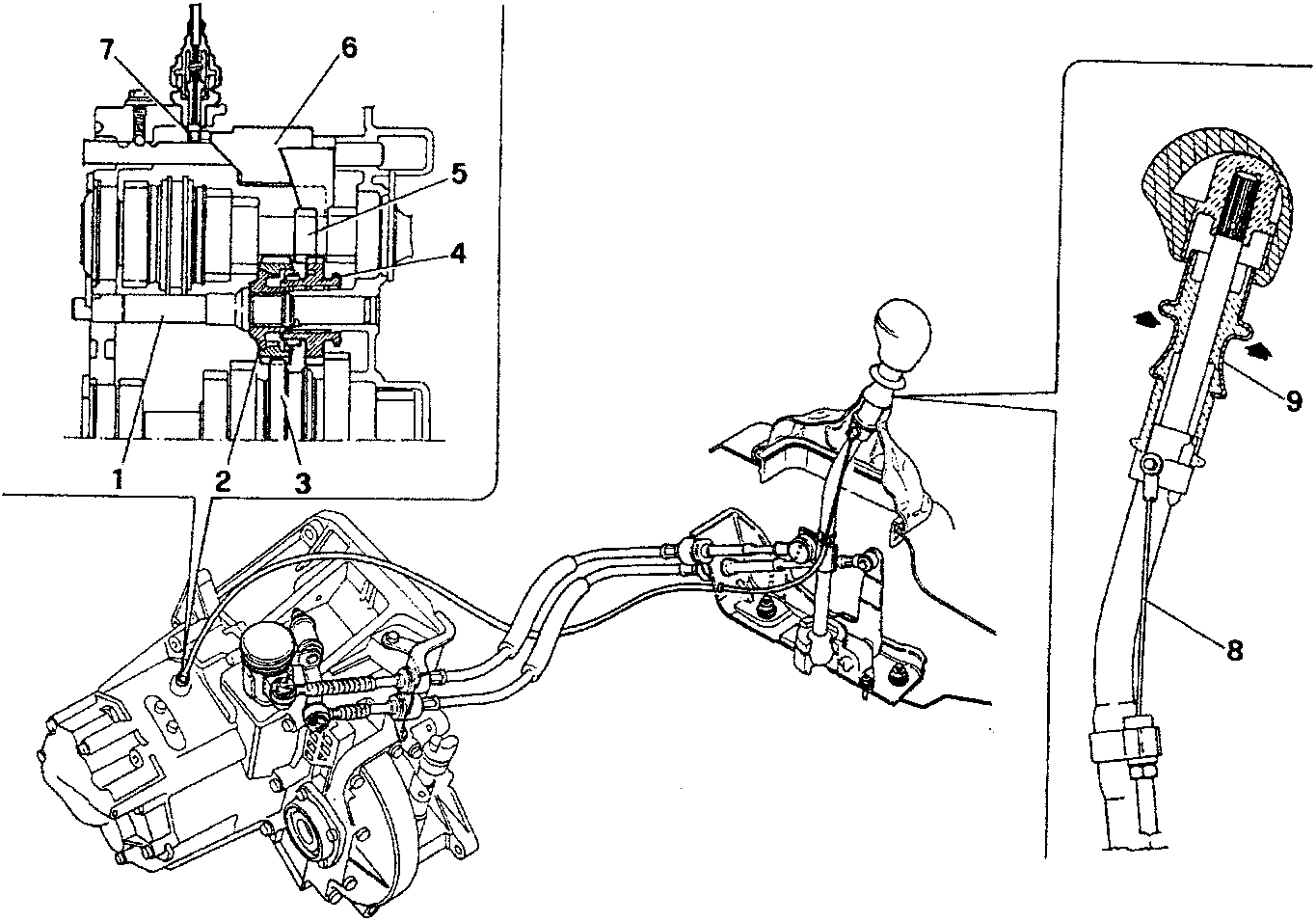 Diagram showing reverse gearbox components including layshaft, gears, synchronizer, selection rod, release pin, control cable, and sliding sleeve