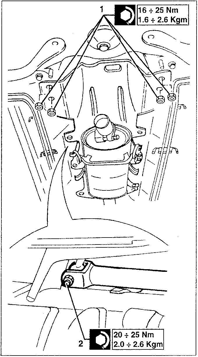 Diagram showing gearshift control rod disconnection with torque specifications 16 ÷ 25 Nm (1.6 ÷ 2.6 Kgm) and 20 ÷ 25 Nm (2.0 ÷ 2.6 Kgm)