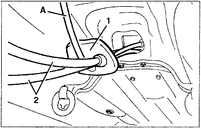 Cable lead grommet being withdrawn from the body with reverse gear release cable (A) shown.