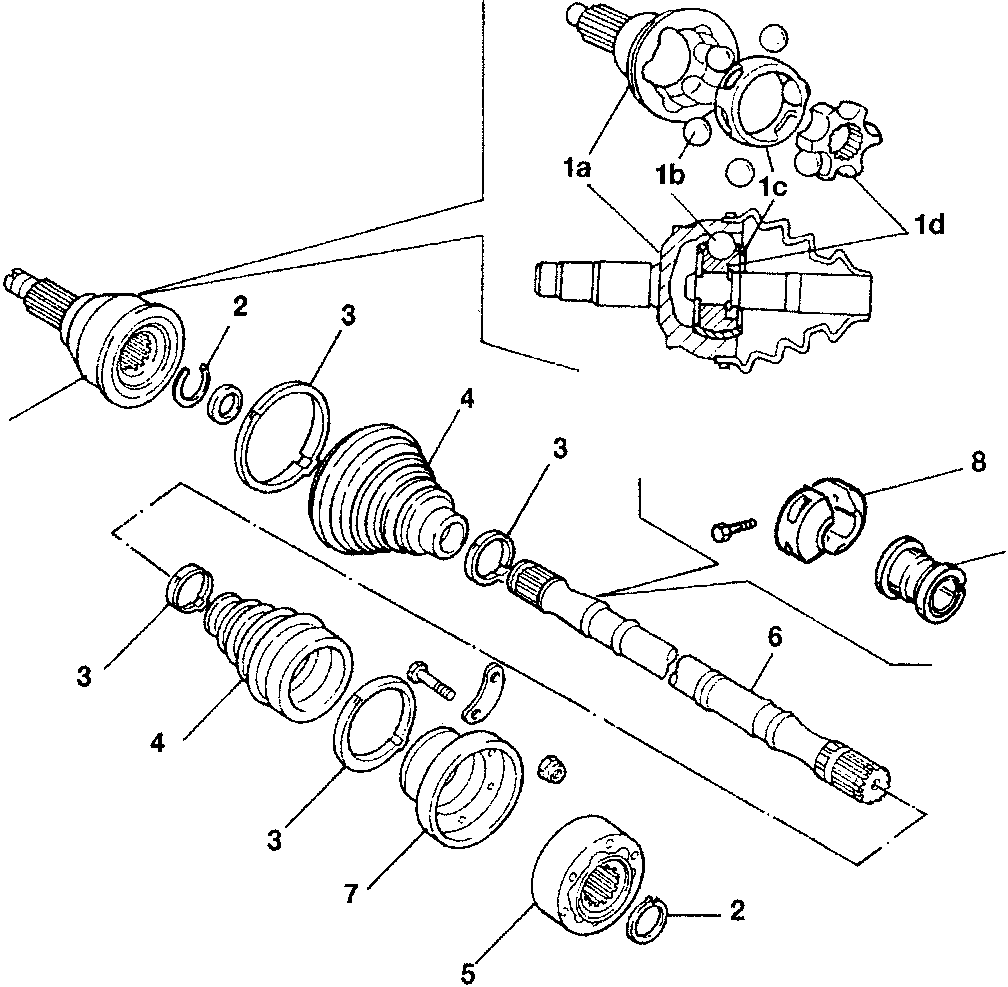 Exploded view of axle shaft components including constant velocity joints, axle shaft, flexible rings, retainers, protection boots, damper, and rubber pad.
