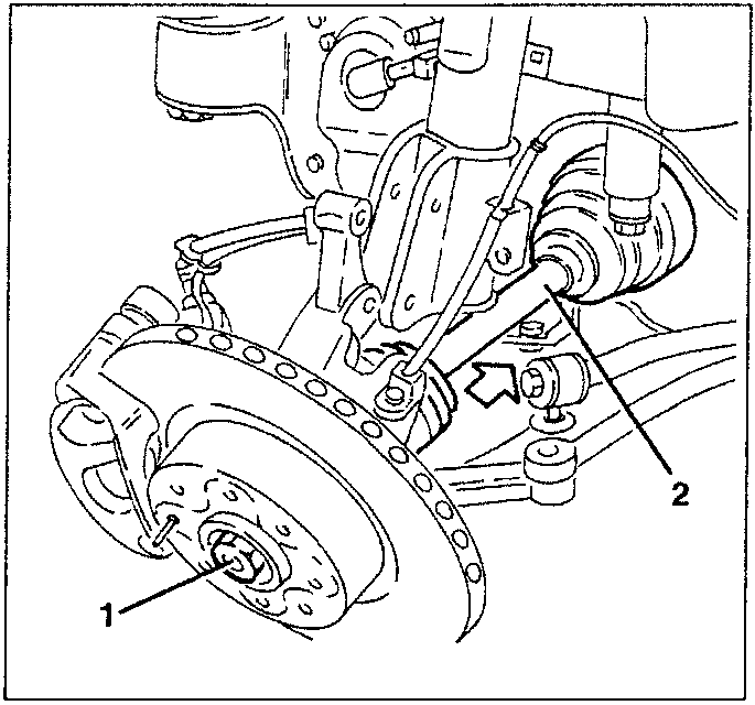 Diagram showing axle shaft removal with parts labeled 1 and 2