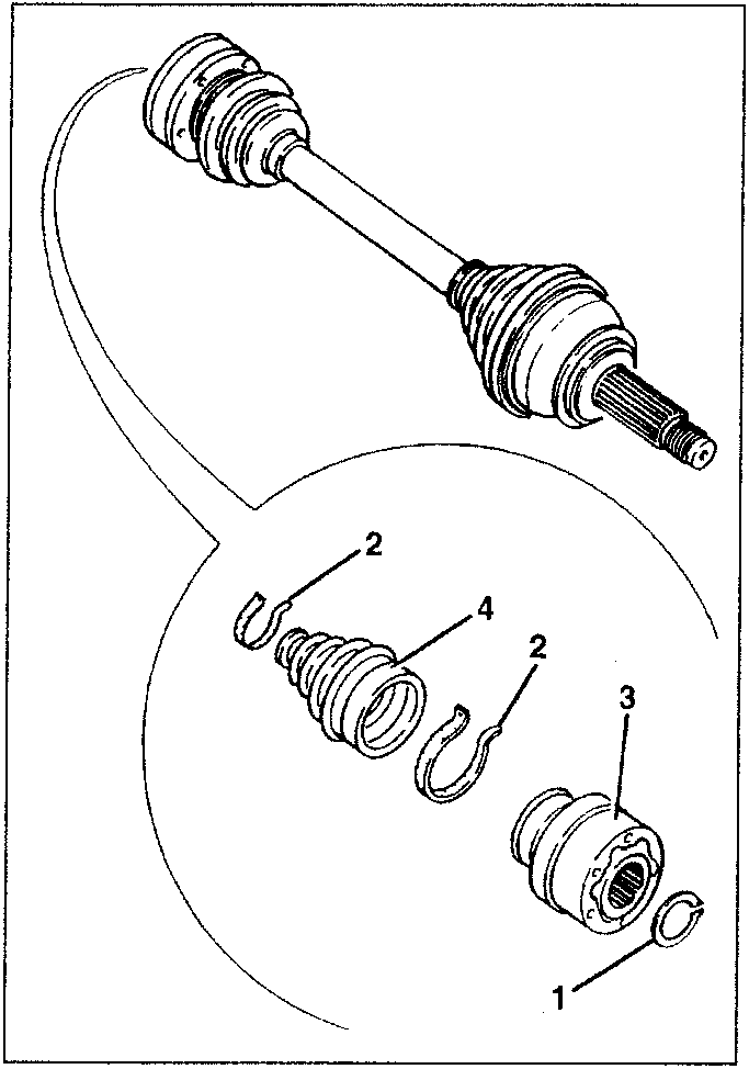 Diagram showing disassembled gearbox side constant velocity joint with parts labeled 1, 2, 3, and 4