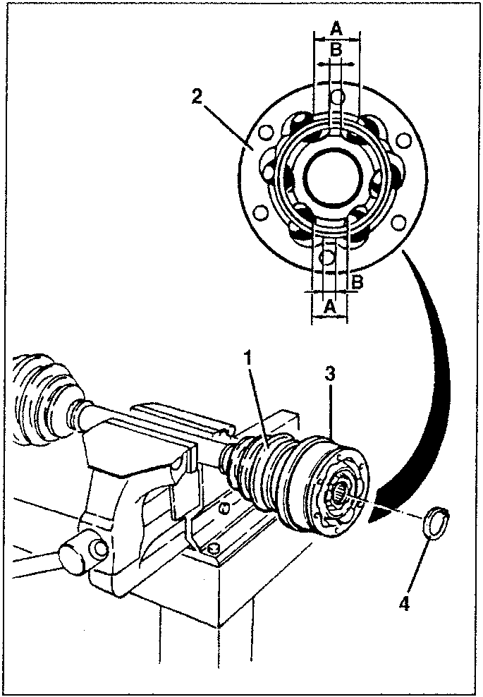 Diagram showing constant velocity joint assembly with labeled parts A, B, and numbered components 1, 2, 3, 4. Part A indicates greater distance between balls, part B indicates smallest distance between balls.