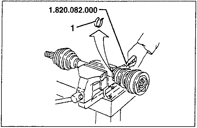 Diagram showing installation of inner boot fastening clamp using tool 1.820.082.000.