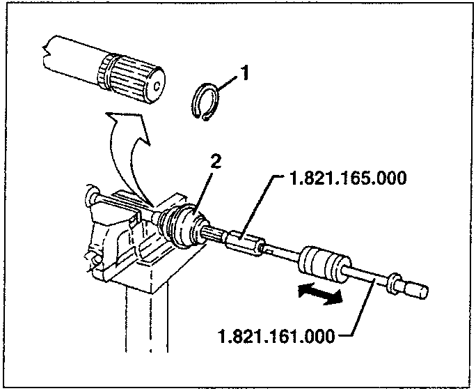 Diagram showing removal of constant velocity joint using tools 1.821.165.000 and 1.821.161.000