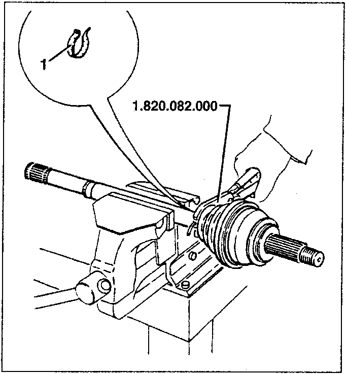 Diagram showing installation of inner boot fastening clamp using tool 1.820.082.000