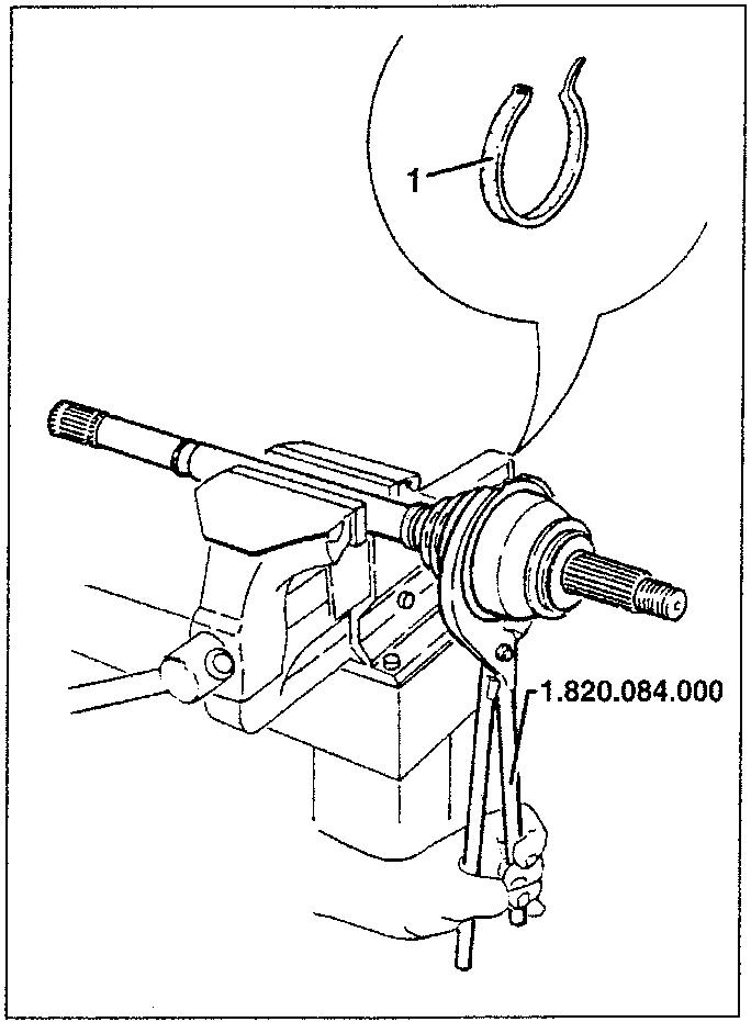 Diagram showing installation of outer boot fastening clamp using tool 1.820.084.000