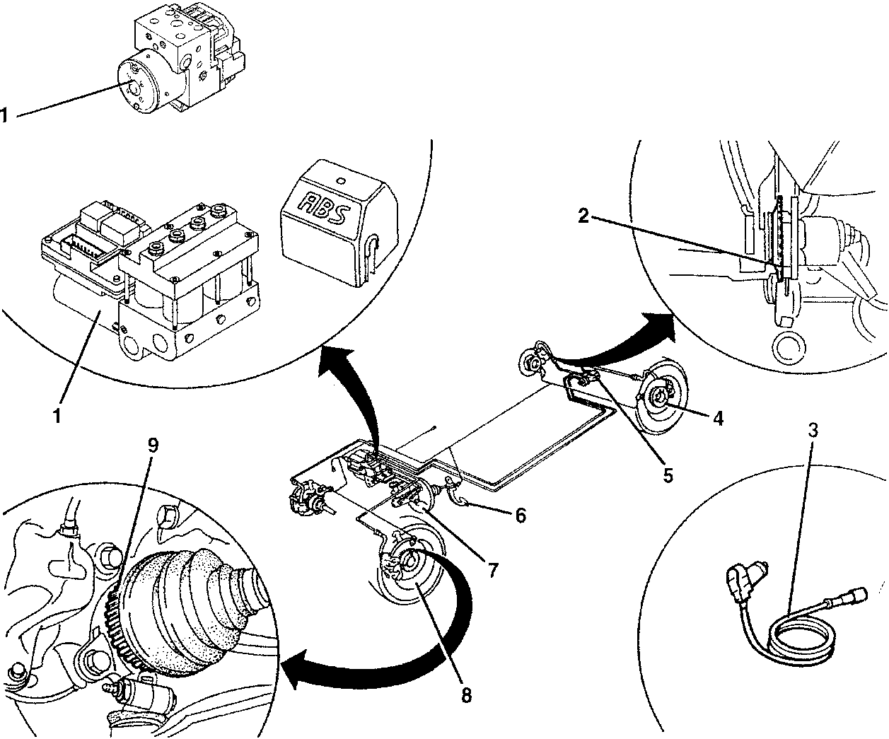 Hydraulic brake circuit diagram showing components including ABS unit, sensors, discs, valve, pedal, and servobrake.