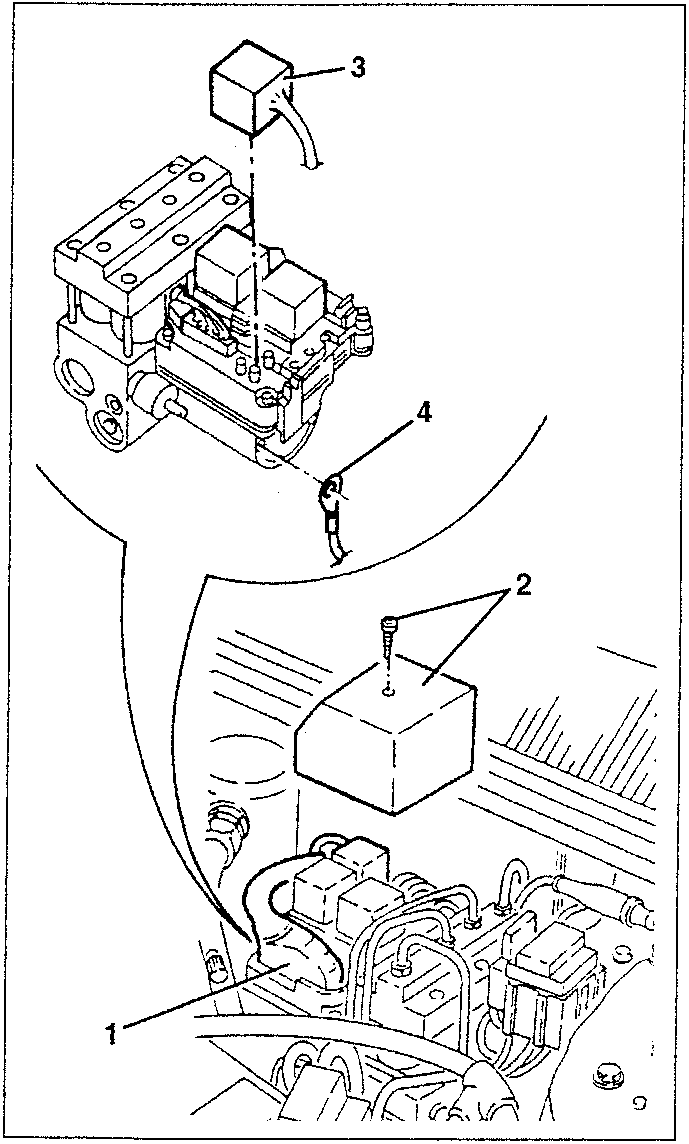 Diagram showing removal of hydraulic unit with numbered parts 1, 2, 3, and 4. Part 1 is the main unit, part 2 is a mounting bracket, part 3 is a fluid reservoir, and part 4 is a hose connection.