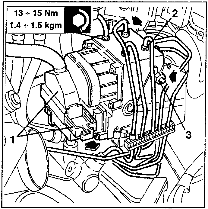 Diagram showing hydraulic unit with numbered parts 1, 2, 3 and torque specification box