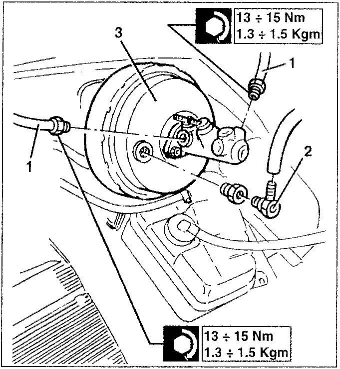 Servobrake and brake pump connection diagram showing pipes and torque values
