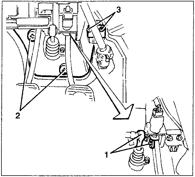 Servobrake removal diagram showing brake pedal, control rod, and accelerator pedal bracket