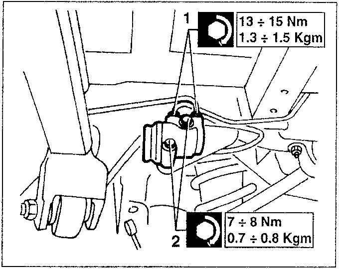 Diagram showing brake system components with torque values 13 ÷ 15 Nm / 1.3 ÷ 1.5 Kgm for part 1 and 7 ÷ 8 Nm / 0.7 ÷ 0.8 Kgm for part 2.