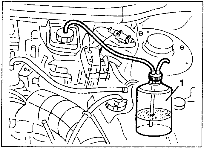 Diagram showing brake fluid reservoir with tube connected to a container of fluid