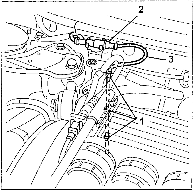 Diagram showing brake components with numbered parts 1, 2, and 3. Part 1 is a bolt, part 2 is a sensor, and part 3 is a wire harness connected to the sensor.