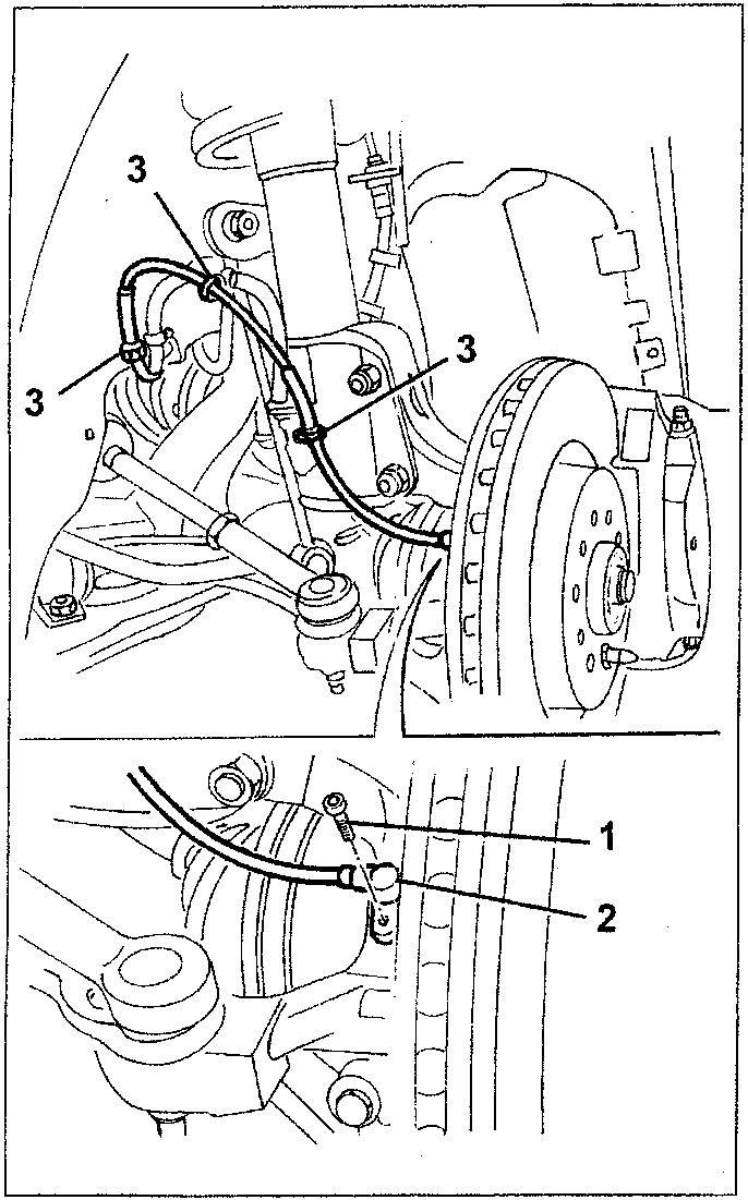 Diagram showing brake components with numbered parts 1, 2, and 3. Part 1 is a bolt, part 2 is a sensor, and part 3 is a wire harness connected to the sensor.
